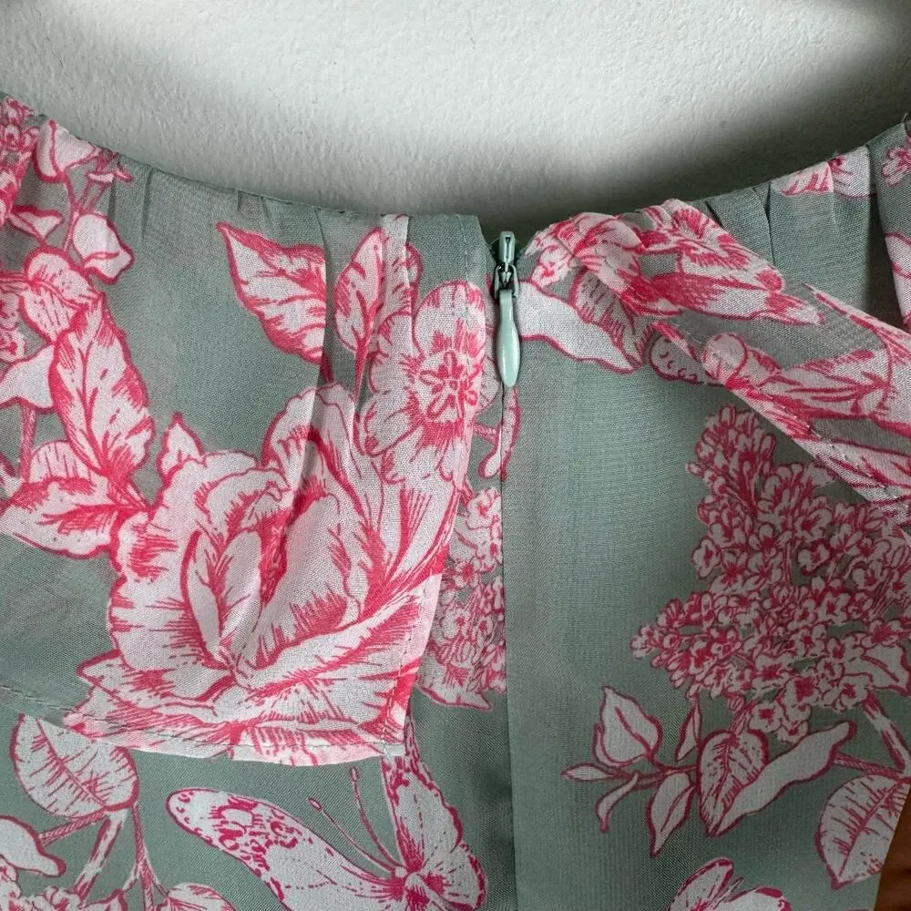 Eliza J Tie Waist Tiered Midi Dress Mint Green Pink Floral Size 4 Wedding Party - Picture 9 of 13